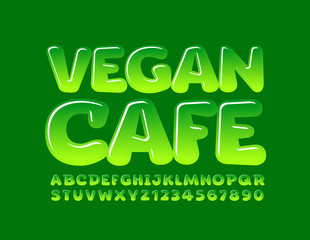 Vector green logo Vegan Cafe with creative Glossy Font. Comic Alphabet Letters and Numbers
