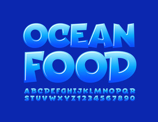 Vector creative sign Ocean Food with Blue Glossy Font. Modern Alphabet Letters and Numbers
