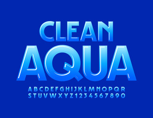 Vector blue logo Clean Aqua with Glossy Font. Gradient Alphabet Letters and Numbers
