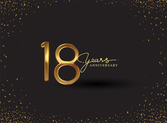 18 Years Anniversary Logo with Confetti Golden Colored isolated on black background, vector design for greeting card and invitation card