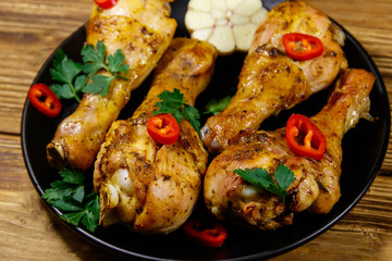 Roasted chicken drumsticks with spices in a black plate on a wooden table