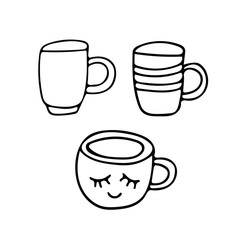 cups hand drawn in doodle style. set of elements vector scandinavian monochrome minimalism simple. mugs, drinks, tea, coffee, cocoa, cuisine, hygge, cozy. design icon, card, sticker poster