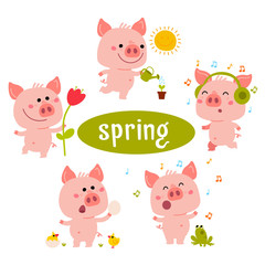 Little Pink Piggy Different Emotions And Situations. Set Of Cute Emoji Illustrations in different season winter, summer, autumn, spring