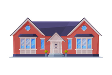 Small Cottage Facade, Red Residential House, Country Real Estate Flat Vector Illustration