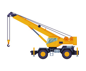 Construction Crane Truck, Heavy Machinery Transportation Service Vehicle Flat Vector Illustration