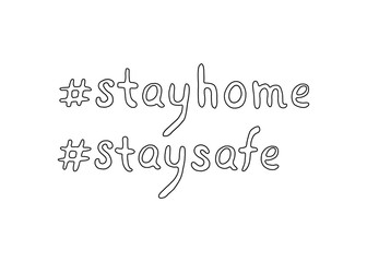 Fototapeta premium Set of contour lettering doodle handwritten black and white on theme of quarantine, self-isolation times and coronavirus prevention. Phrase for social networks, flyers, stickers, typography posters