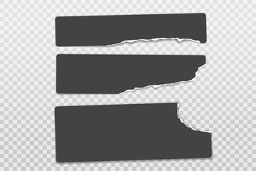 Torn, ripped pieces of horizontal black sticky note paper with soft shadow are on squared white background for text. Vector illustration