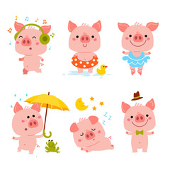 Vector Pink Piggy Cartoon illustration for card, calendar, sticker, invitation, baby shower, children clothes, posters
