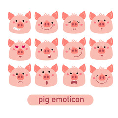 Vector Pink Piggy emoticon set. Cartoon illustration for Christmas card, prints, calendar, sticker, invitation, baby shower, children clothes, posters