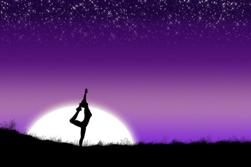 Landscape and woman silhouette in yoga pose