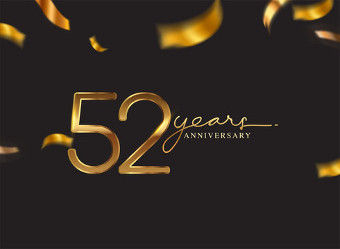 52 Years Anniversary Logo with Confetti Golden Colored isolated on black background, vector design for greeting card and invitation card