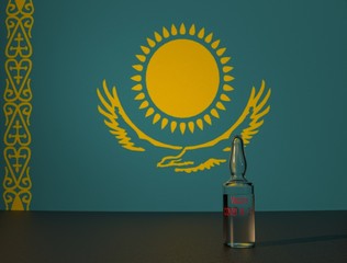 COVID 19 virus vaccine against the backdrop of the Kazakhstan flag. Close-up.