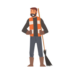 Man Janitor Standing with Broom, Male Professional Cleaning Staff Character with Equipment, Cleaning Company Service Vector Illustration