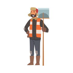 Man Janitor Standing with Big Shovel, Male Professional Cleaning Staff Character with Equipment, Cleaning Company Service Vector Illustration
