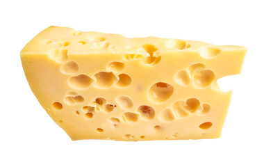 triangular piece of yellow cow's milk swiss cheese with holes cutout on white background