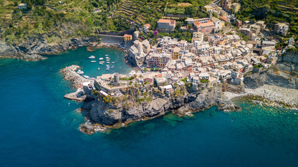 Areal shot of Vernazza at the Cinque Terre in Italy. 
