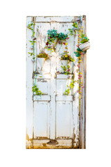 Old wooden door with hanging flower pot