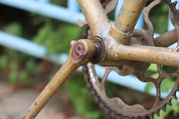 Parts of Old  Retro Bicycle.  Wedge Bolt on the crank arm . Selective focus