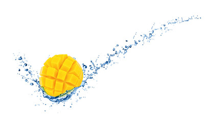 Slice of mango in water splash with full depth of field isolated on white background.