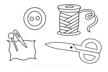 Doodle needle, scissors, button set icon isolated on white. Outline sewing. Hand drawing line art. Sketch vector stock illustration
