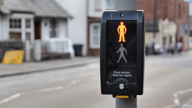 Pedestrian zebra crossing with an English text telling people to wait for appropriate signal and push the button. People are walking in the background