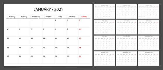 Calendar 2021 week start Monday corporate design planner template.
