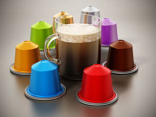 Coffee capsules and mug on reflective surface. 3D illustration