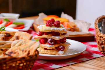 Italian cuisine. Different traditional Italian dishes and desserts on table.