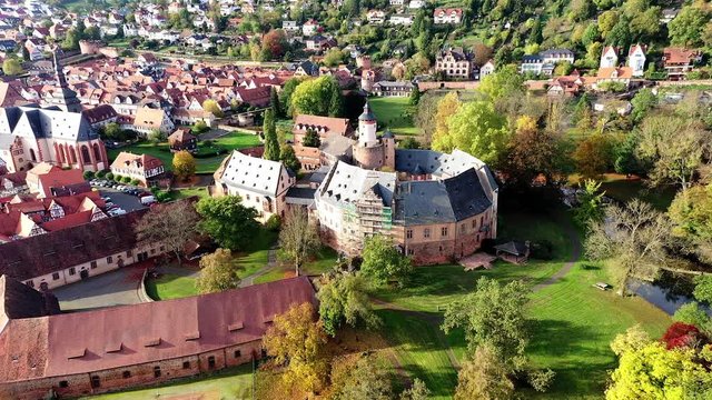 Aerial view, Flight at  old town of B&uuml;dingen with the B&uuml;dingen castle, Hesse, Germany