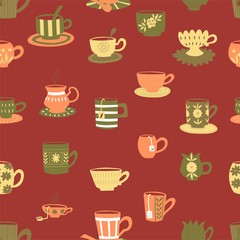 Vector hand drawn doodle cups. Seamless vector background.