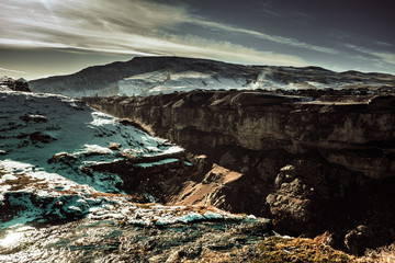 Beautiful village in a mountain valley near the lake. Mountains landscape and old town. Travel - Dagestan