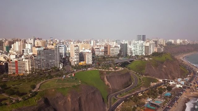 Aerial Drone shot of Lima Peru Coasline at Mira Flores