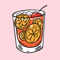Orange, ice cube and cherry cocktail. Summer drink. Cartoon flat vector illustration. Isolated on soft pink background.