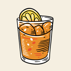 Lemon and orange cocktail. Summer drink. Cartoon flat vector illustration. Isolated on soft yellow background.
