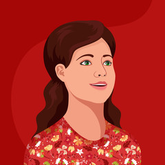 Beautiful retro style girl with long curly hair in a red flowers blouse. Vector Illustration on red background.