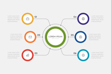 Infographics business process with 6 steps or options circles. Data visualization. Can be used for workflow layout, diagram, banner, web design. Vector illustration.