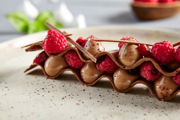 Fleur de lys milk chocolate with raspberry confit in white ceramic plate