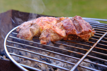 Juicy grilled pork steak on the grill, side view