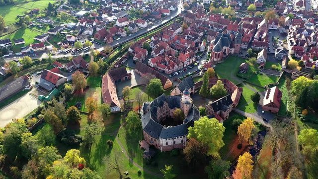 Aerial view, Flight at  old town of B&uuml;dingen with the B&uuml;dingen castle, Hesse, Germany