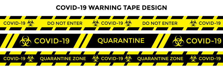 Covid-19 quarantine warning tape design. 4 yellow and black design. Vector illustration.