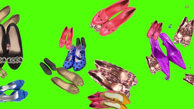 Animation of many spinning female shoes on a green background, fashion concept, club. Colorful shoes. patern shoe pattern
