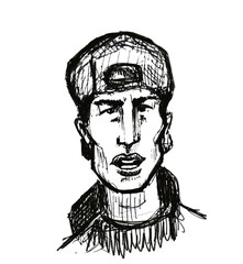 hand drawn sketch portrait of young handsome man in hat isolated on white