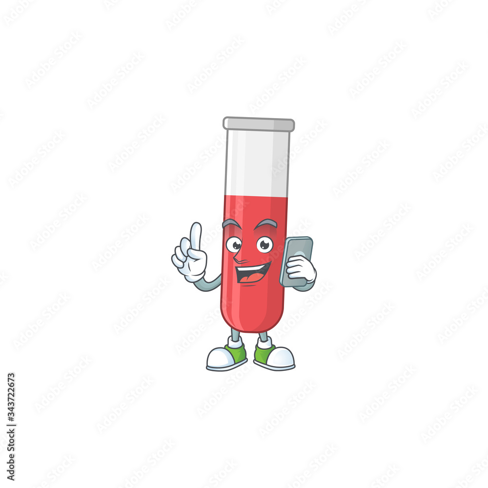 Poster cartoon design concept of red test tube talking on phone