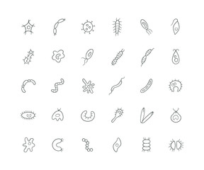 Microbes, virus, bacterias and pathogen line icons set. Collection of abstract vector germs in the linear style on white background