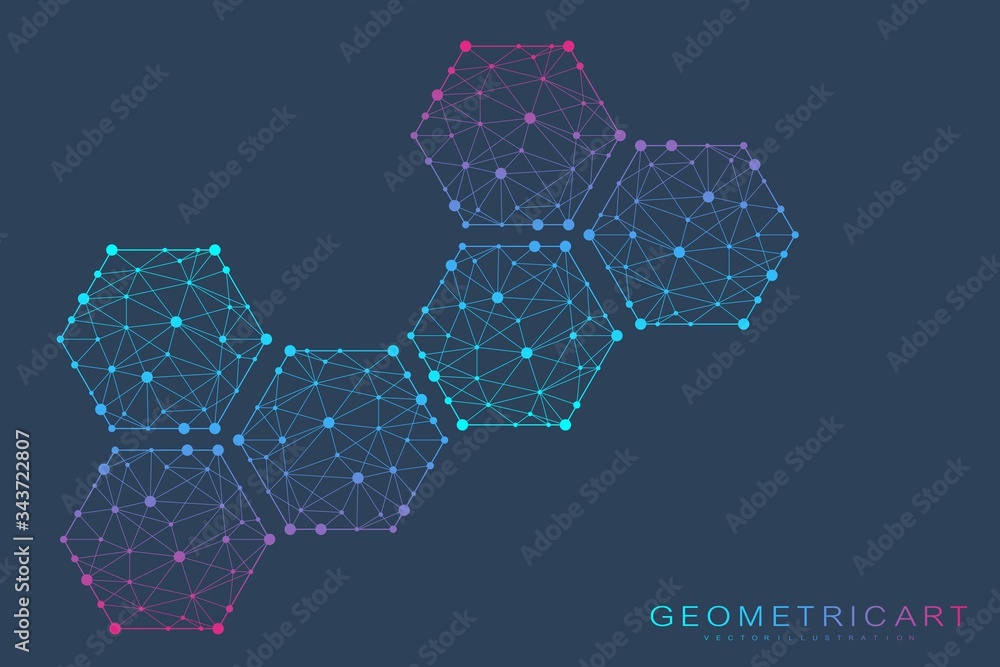 Poster hexagonal abstract background. big data visualization. global network connection.