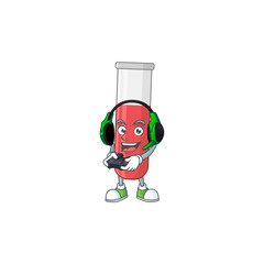 A cartoon design of red test tube talented gamer play with headphone and controller