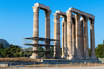 Side view of the grandeur and majesty of the Temple Zeus Olimpico, Athens, Greece