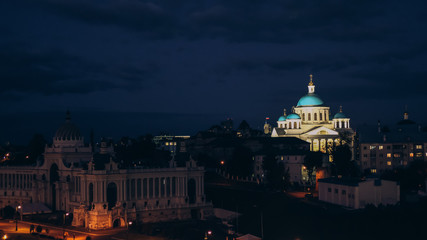 Fototapeta premium Russia. Kazan. August, 2019. Summer. Night cityscape of Kazan. View of the right-winged church with a blue dome. Night.