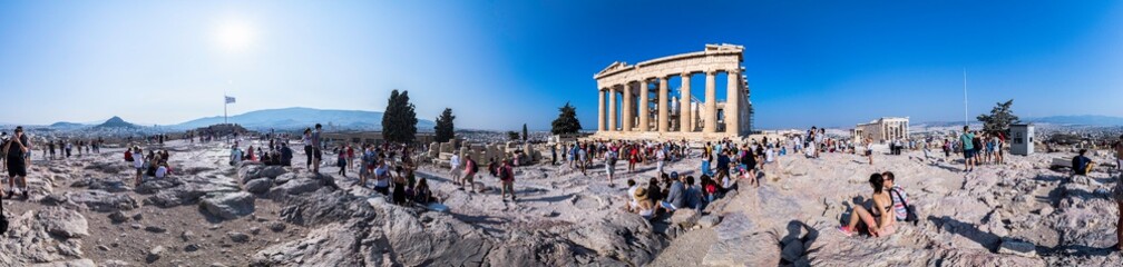Esplanade of the archaeological site of the Acropolis of Athens with the Partenon in the early...