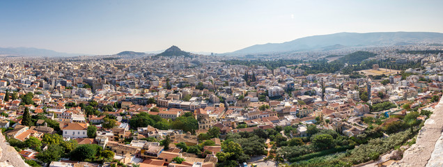 Panoramic view of the city of Athens and the Lycabettus Hill from the Acropolis viewpoint, Athens, Greece
